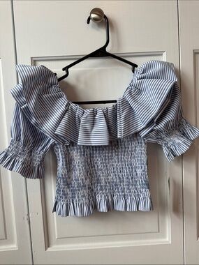 NWT Habitual Kids Striped Blue Off-Shoulder Ruffle Smocked Top size 10
